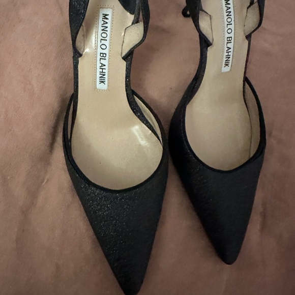 Manolo Blahnik Shoes - Manolo Blahnik Carolyne Low Heel Women's Slingback Pumps Black Glitter EU 35.5